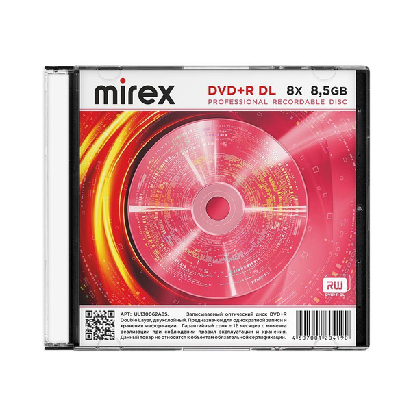 Диски для записи DVD+R Mirex Dual Layer, 8.5 ГБ, 8x, slim