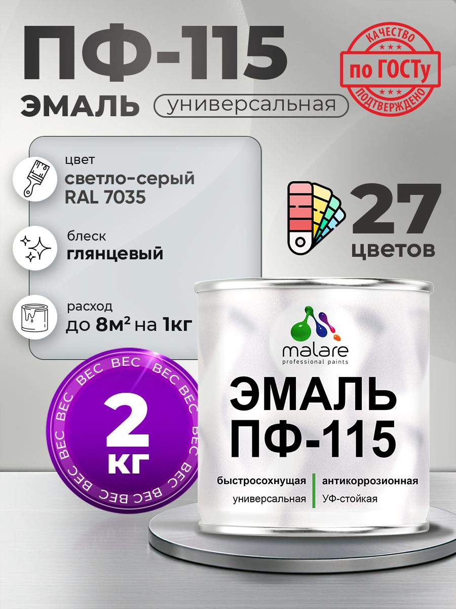 Эмаль Malare ПФ-115 краска для металла по дереву для минеральных поверхностей для внутренних и наружных работ антикоррозионная быстросохнущая, RAL 7035, светло-серый, глянцевая, 2 кг