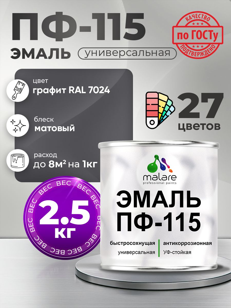 Эмаль Malare ПФ-115 краска для металла по дереву для минеральных поверхностей для внутренних и наружных работ антикоррозионная быстросохнущая, RAL 7024, графитово-серый(темный), матовая, 2,5 кг