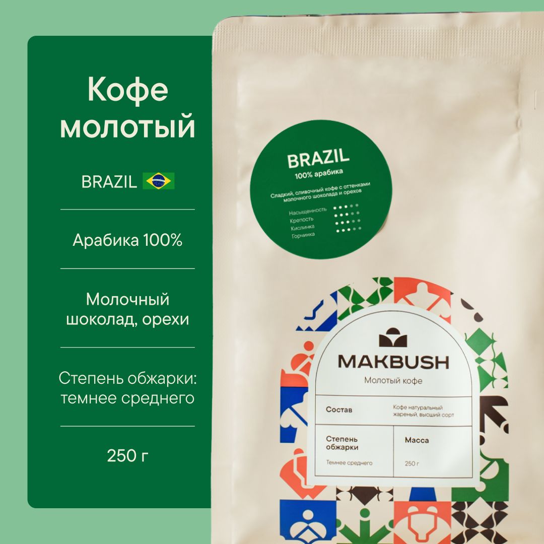 Кофе молотый MakBush BRAZIL 250 гр, Арабика 100%, свежеобжаренный, средний помол