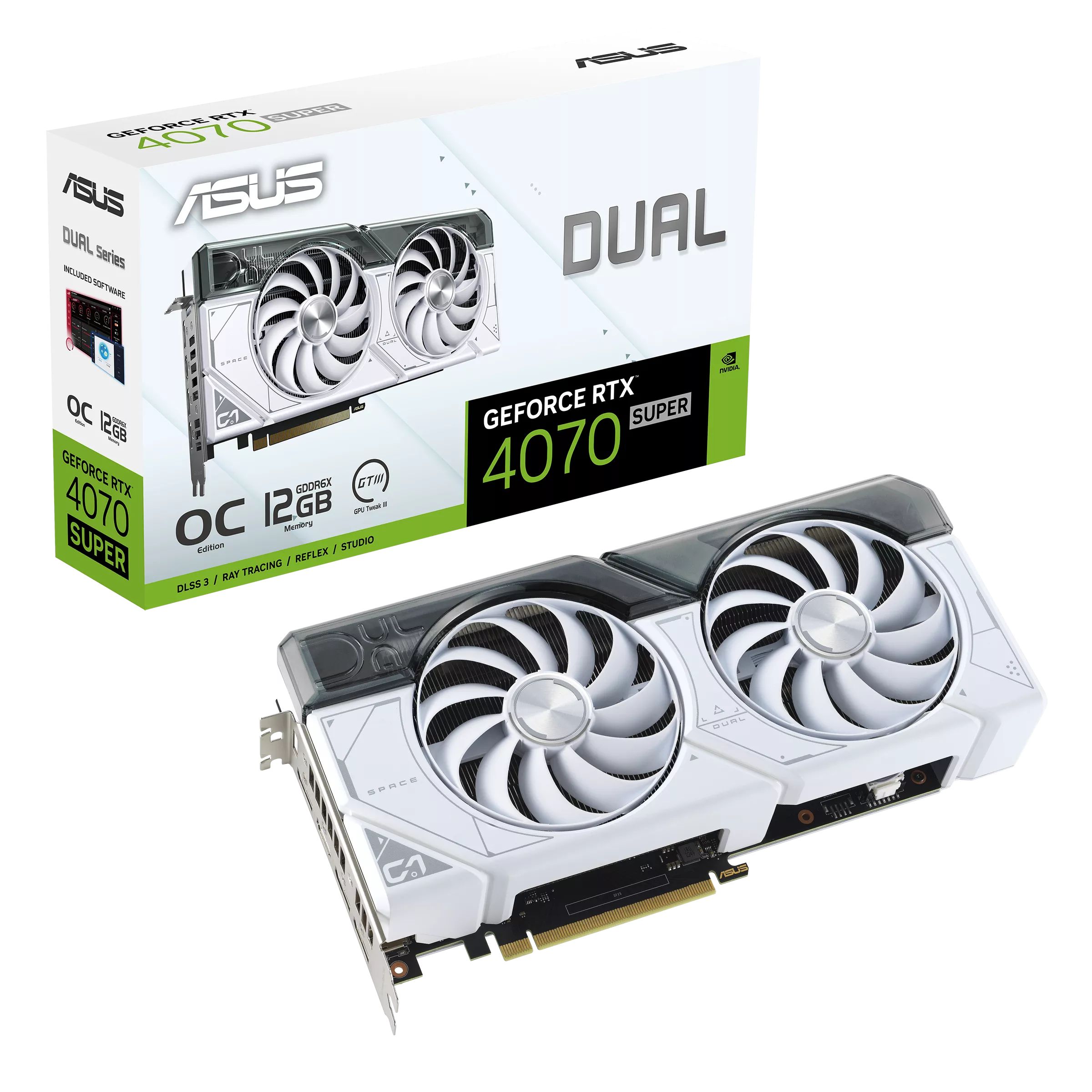 ASUSВидеокартаGeForceRTX4070SUPERDualGeForceRTX4070SUPERWhiteOCEdition12ГБ(DUAL-RTX4070S-O12G-WHITE)