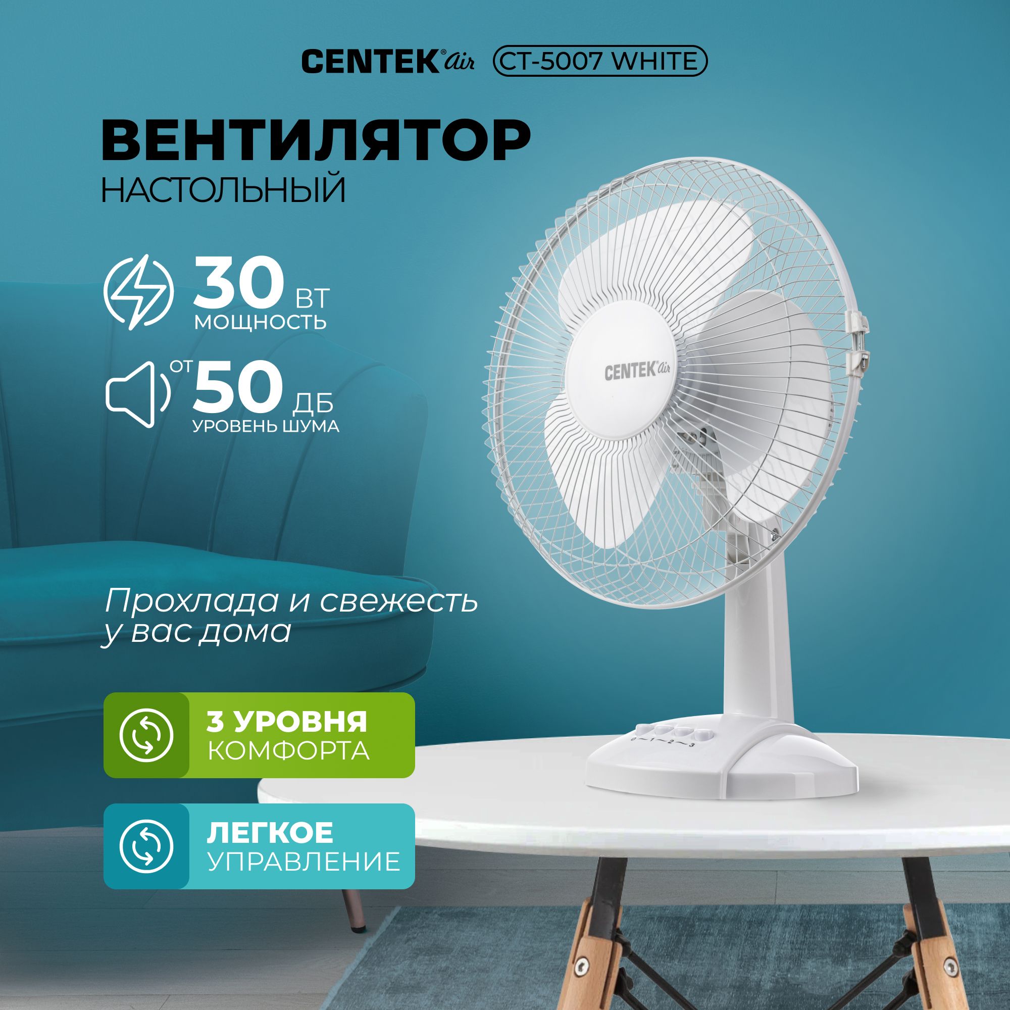 Вентилятор настольный Centek CT-5007 WHITE 30Вт белый, диаметр 34 см, 3  скорости, металлическая решётка купить по низкой цене с доставкой в  интернет-магазине OZON (553258889)