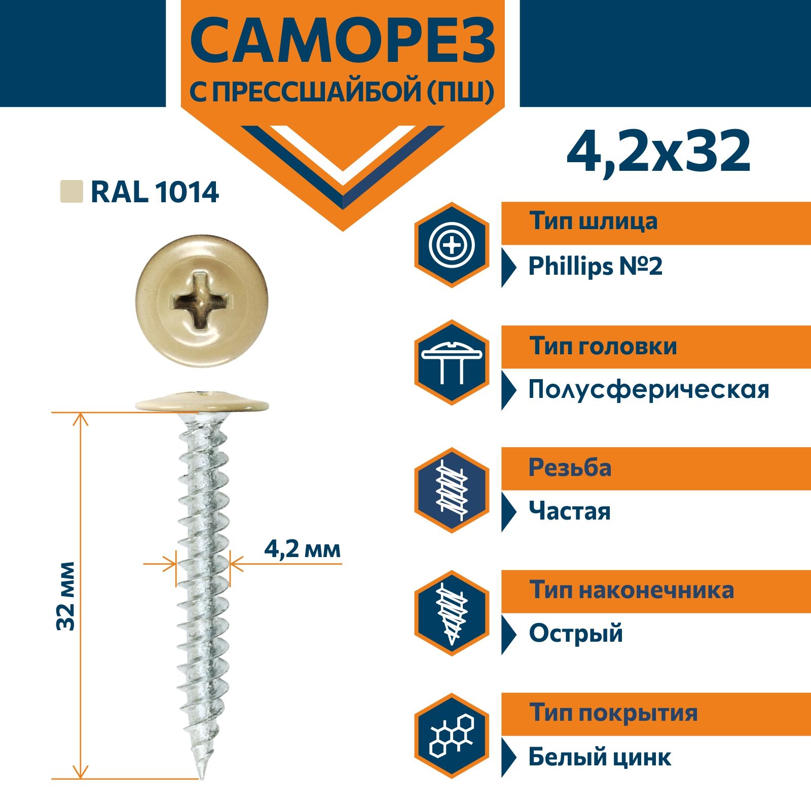 Саморез Rizzel ПШ с прессшайбой острый 4,2х32 RAL 1014 (500 шт)