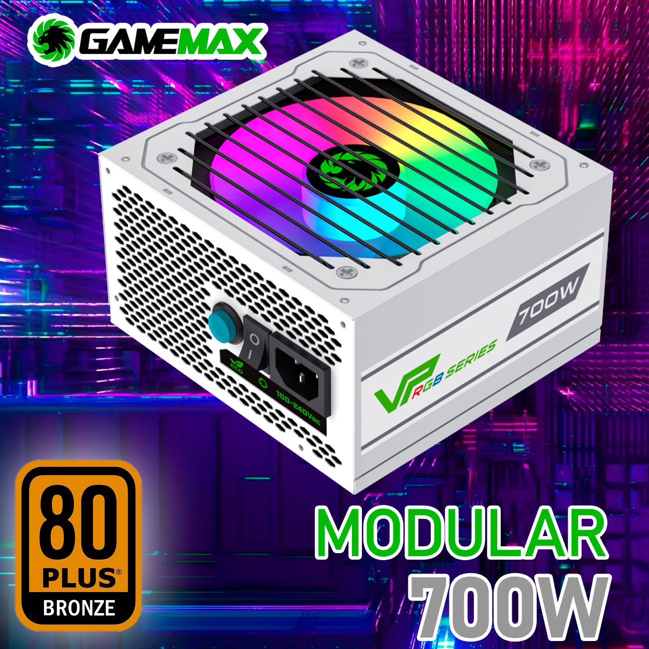 БлокпитанияGameMaxVP-700-RGB-MODULARWHITE(Белый700WBronze120мм20+4pin4+4pin(CPU)2*6+2pin(PCI-E)5*SATA3*MOLEX)