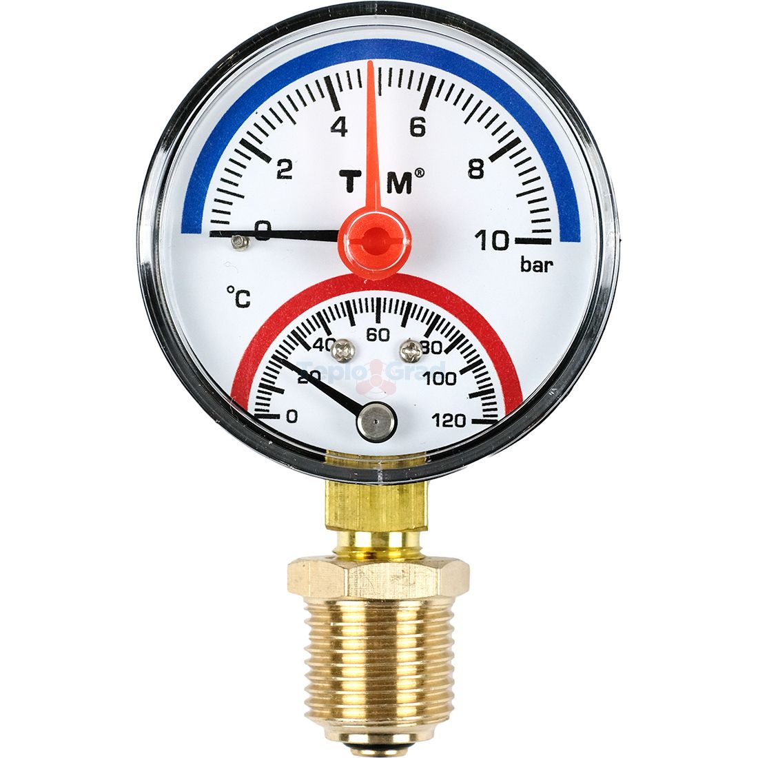 Термоманометр радиальный TIM, корпус 63 мм, диапазон 0-10 бар, подключение 1/2 Y-63-10