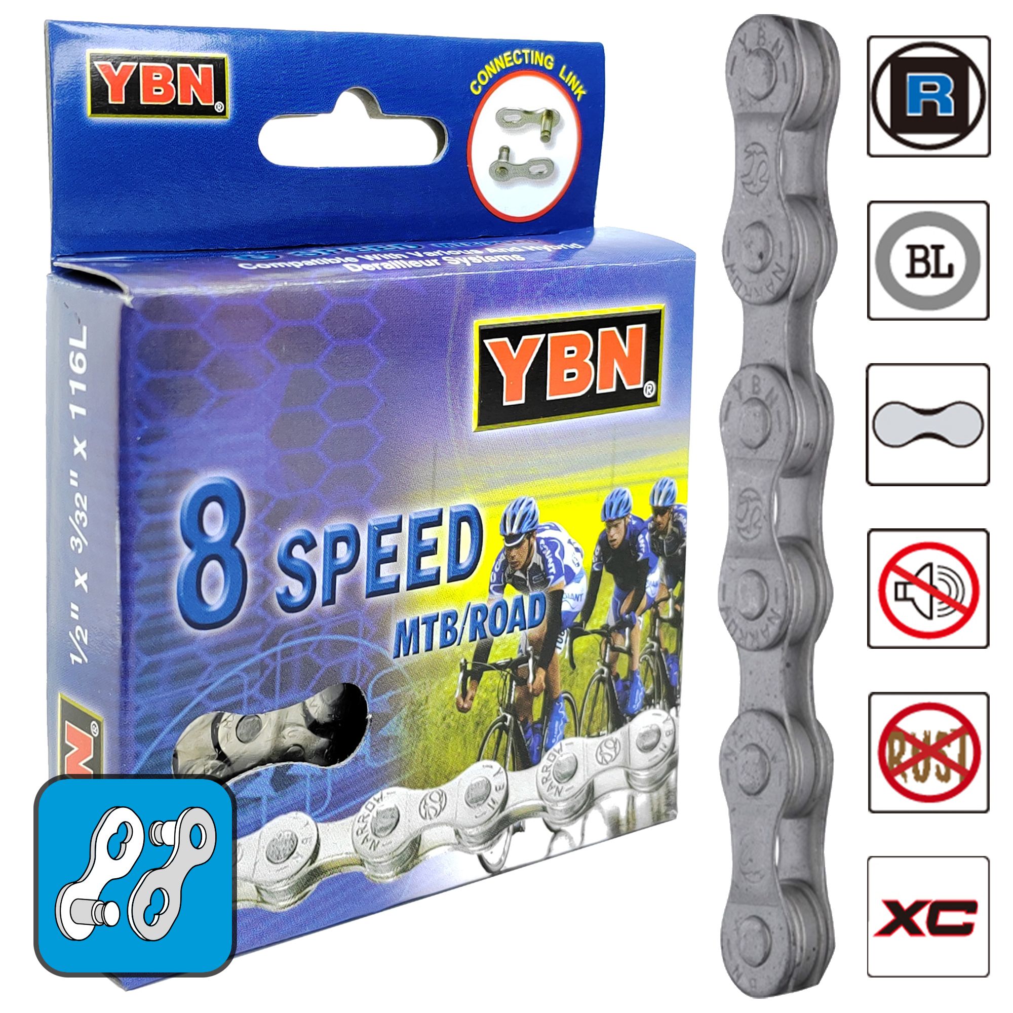 Велосипедная цепь YBN S8-RB, 1/2"x3/32", 116 звеньев, 8 скоростей, замок цепи