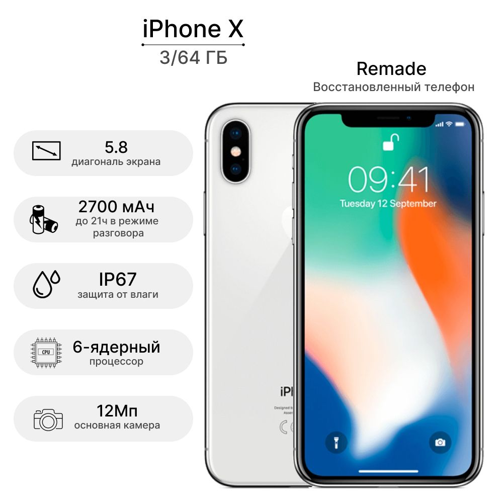 Смартфон Remade iPhone X 64GB Silver Восстановленный - купить по выгодной  цене в интернет-магазине OZON (1012016352)