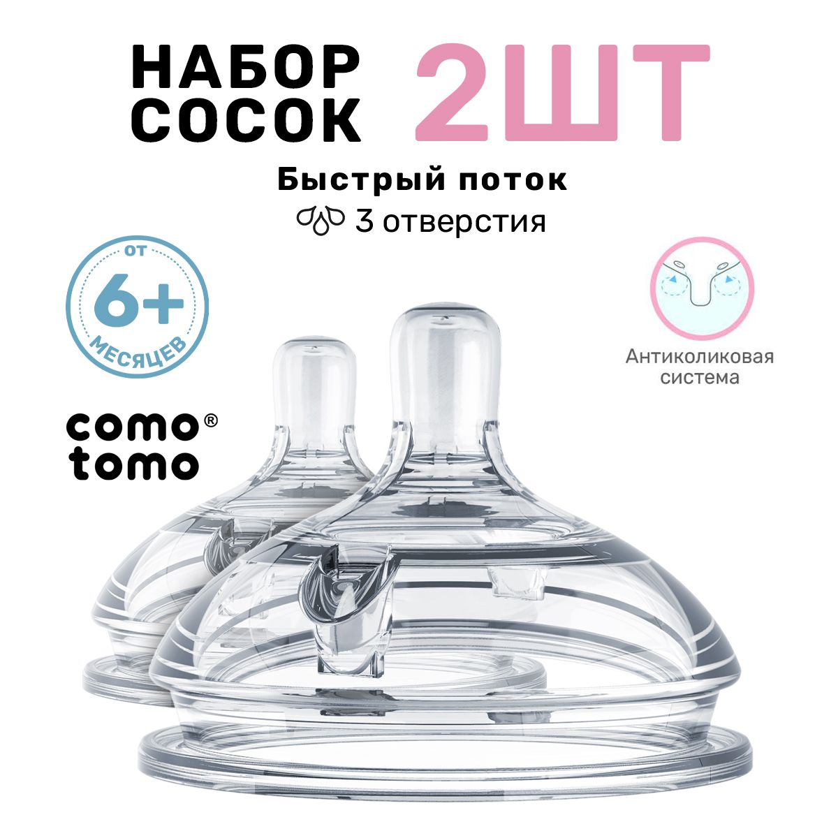 Соска для бутылочек Comotomo Natural Nipple Packs силиконовая набор от 6 мес