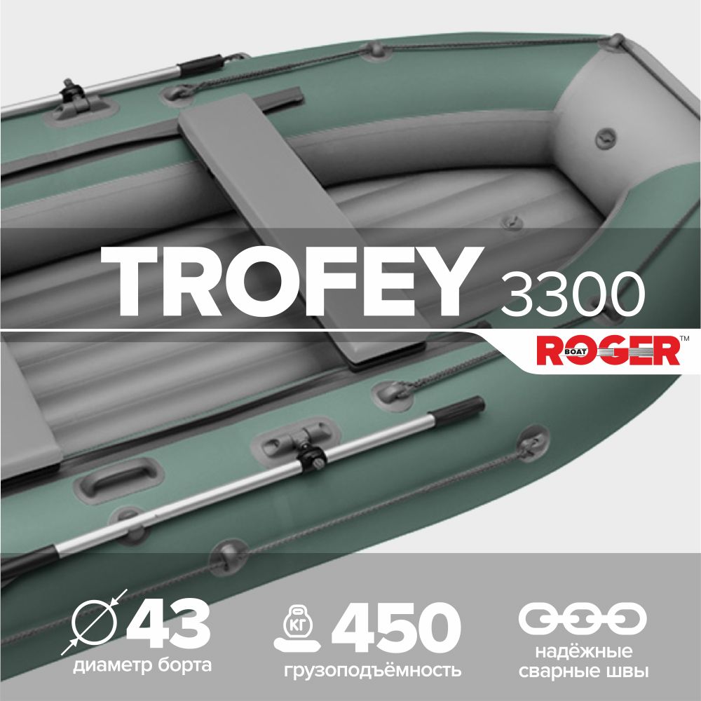 ЛодканадувнаяПВХподмоторROGERTrofey3300,лодкароджерНДНД(зеленый-серый)