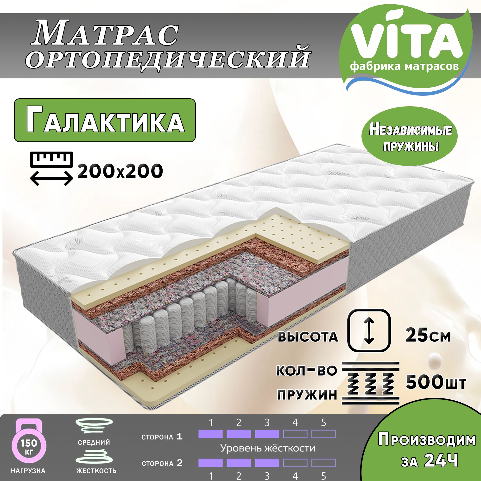 МатрасVITAортопедический,независимыепружиныГалактикаPS500(200х200)