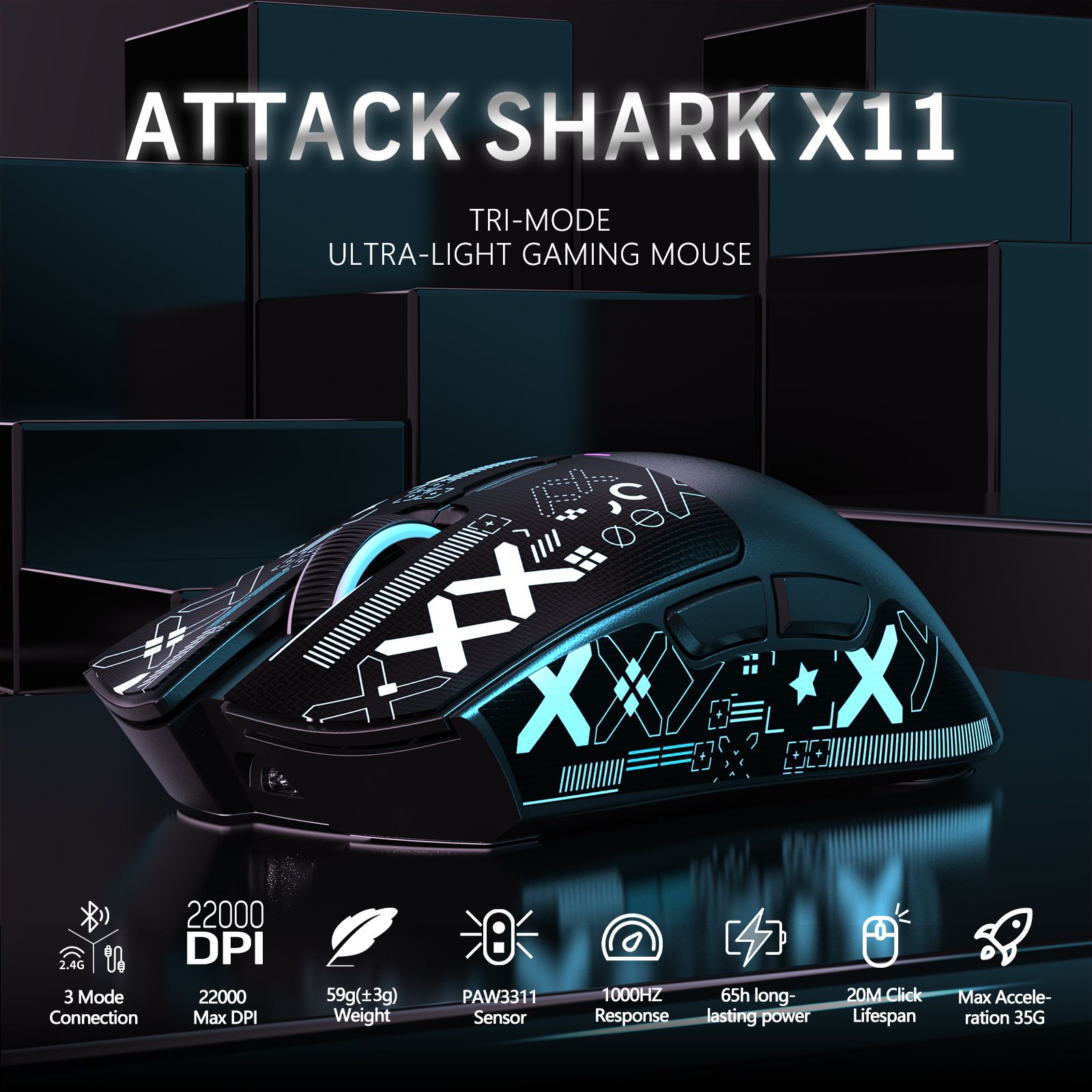 ATTACKSHARKИгроваямышьбеспроводнаяX11Беспроводнаясмагнитнойзаряднойдок-станциейRGB,черныйматовый