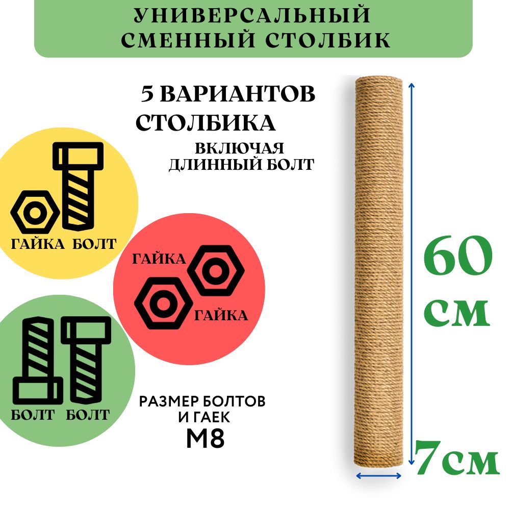 Столб для когтеточки сменный Koshkin, джутовый, 60 см универсальный