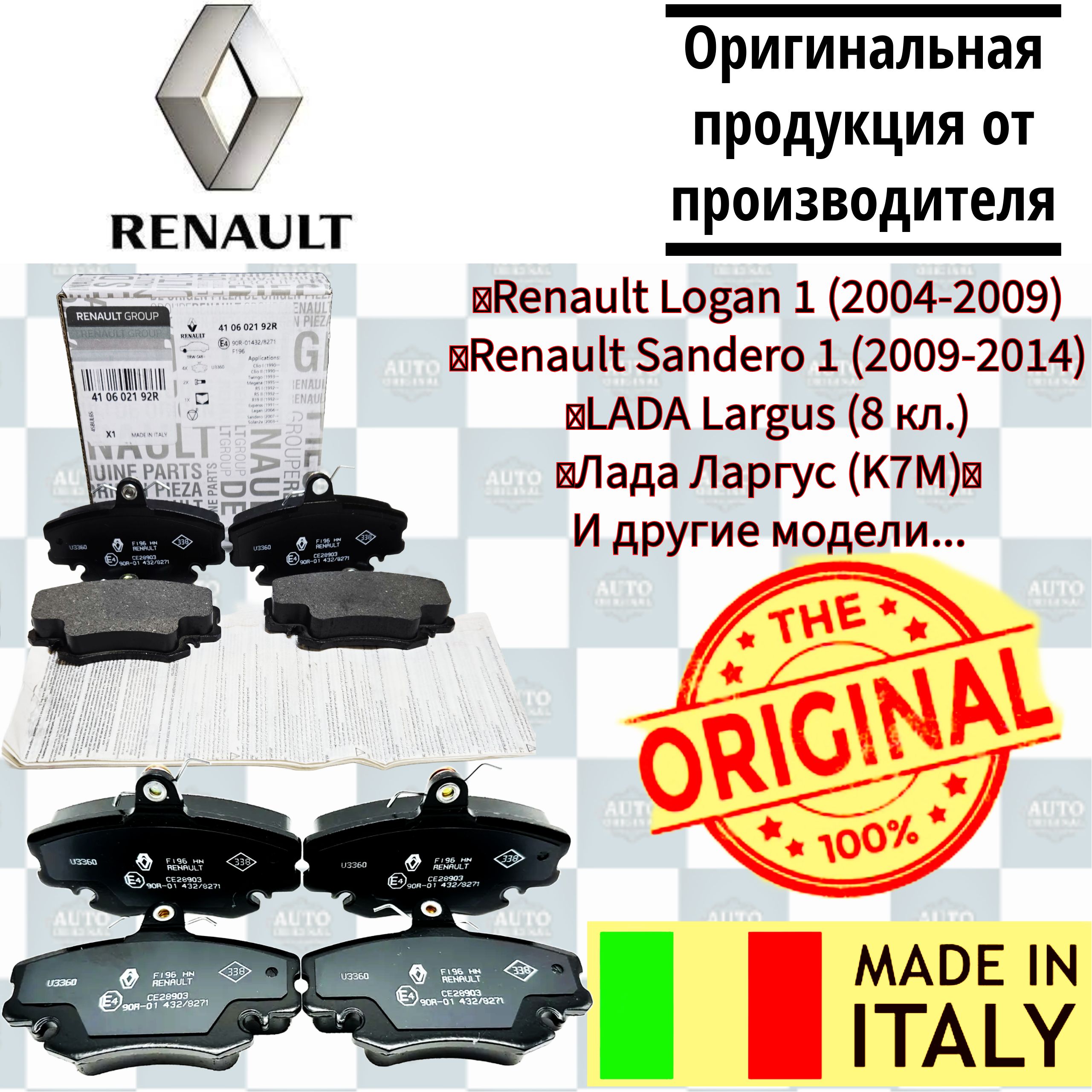 ТормозныеколодкипередниеRENAULT(ИТАЛИЯ)дляЛоган,Меган,Сандеро,ЛадаЛаргусOEM410602192R