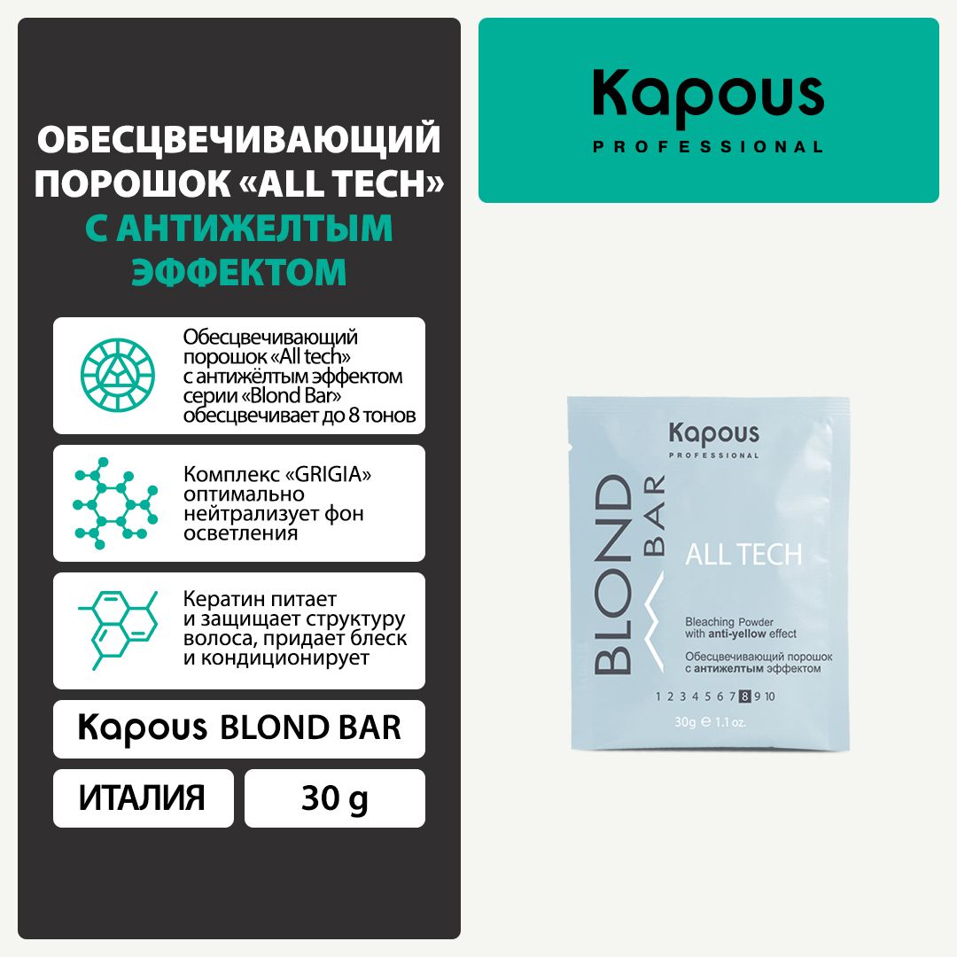 Kapous Blond Bar Обесцвечивающий порошок All tech с антижелтым эффектом, 30 г