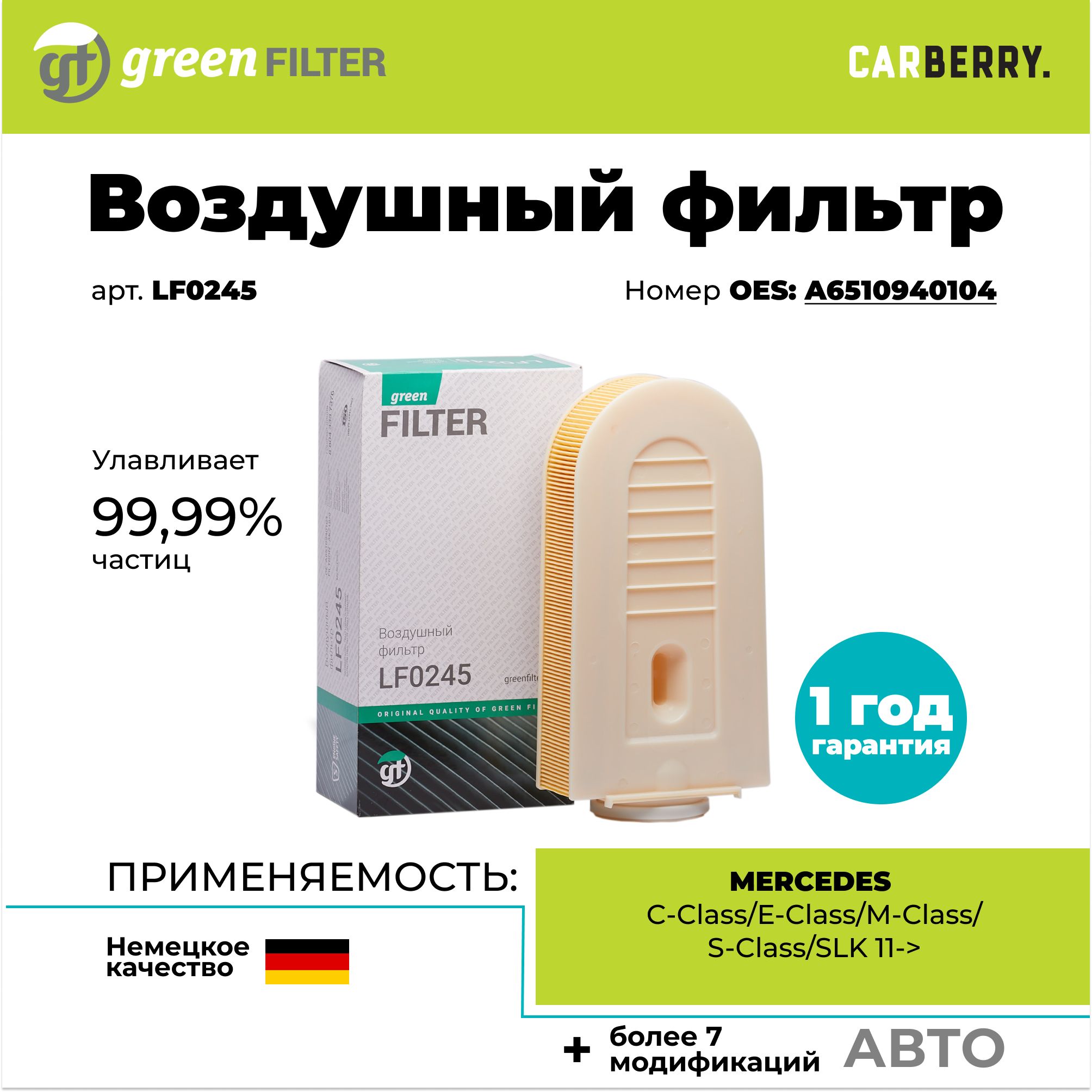 Фильтр воздушный Green Filter LF0245 для MERCEDES BENZ C-Class, E-Class, M-Class, S-Class, SLK