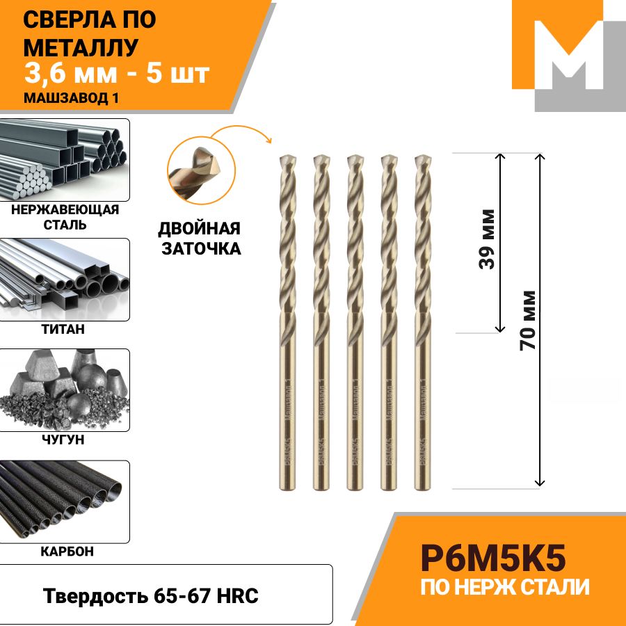 Сверлопометаллу3,6мм-5шт.Р6М5К5кобальтовоеМАШЗАВОД1