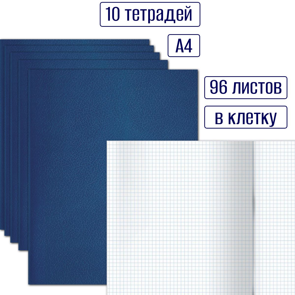 Набор тетрадей 10 штук, 96 листов, формат А4, в клетку, обложка бумвинил синяя