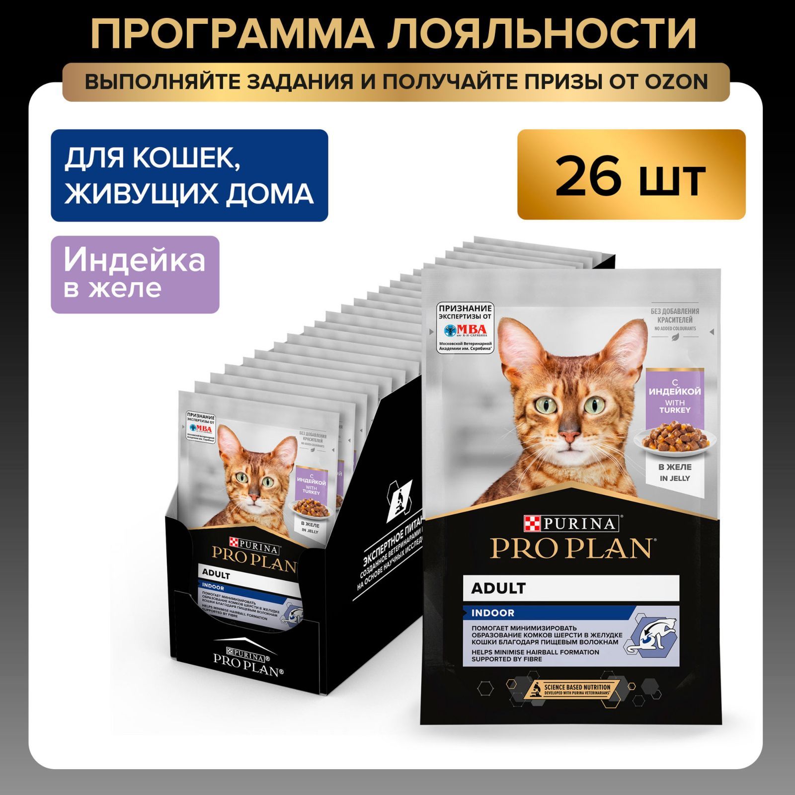 Влажный корм PRO PLAN Indoor для взрослых кошек, живущих дома, с индейкой в желе, 85 г x 26 шт