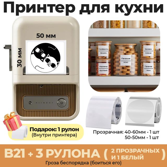 МинипринтердляорганизациикухниNiimbotB21S+этикетки3шт