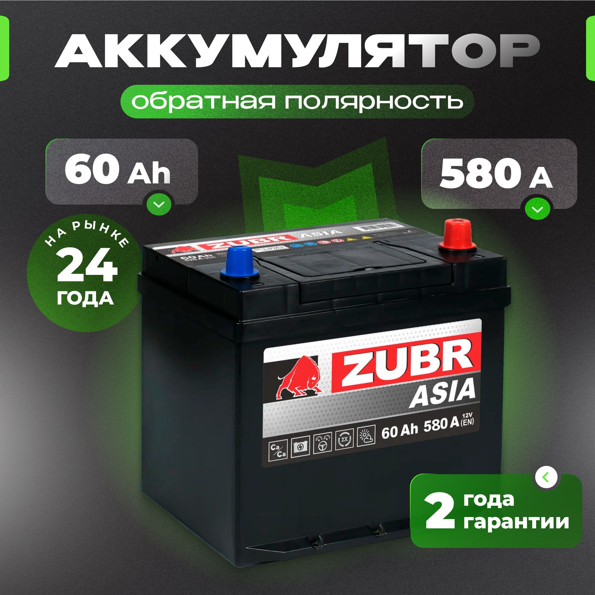 Аккумулятор автомобильный 12v 60 Ah ZUBR Ultra Asia 60 Ач 580 А обратная полярность 230х175х225 стартерный акб для автомобиля, машины (нижний борт)