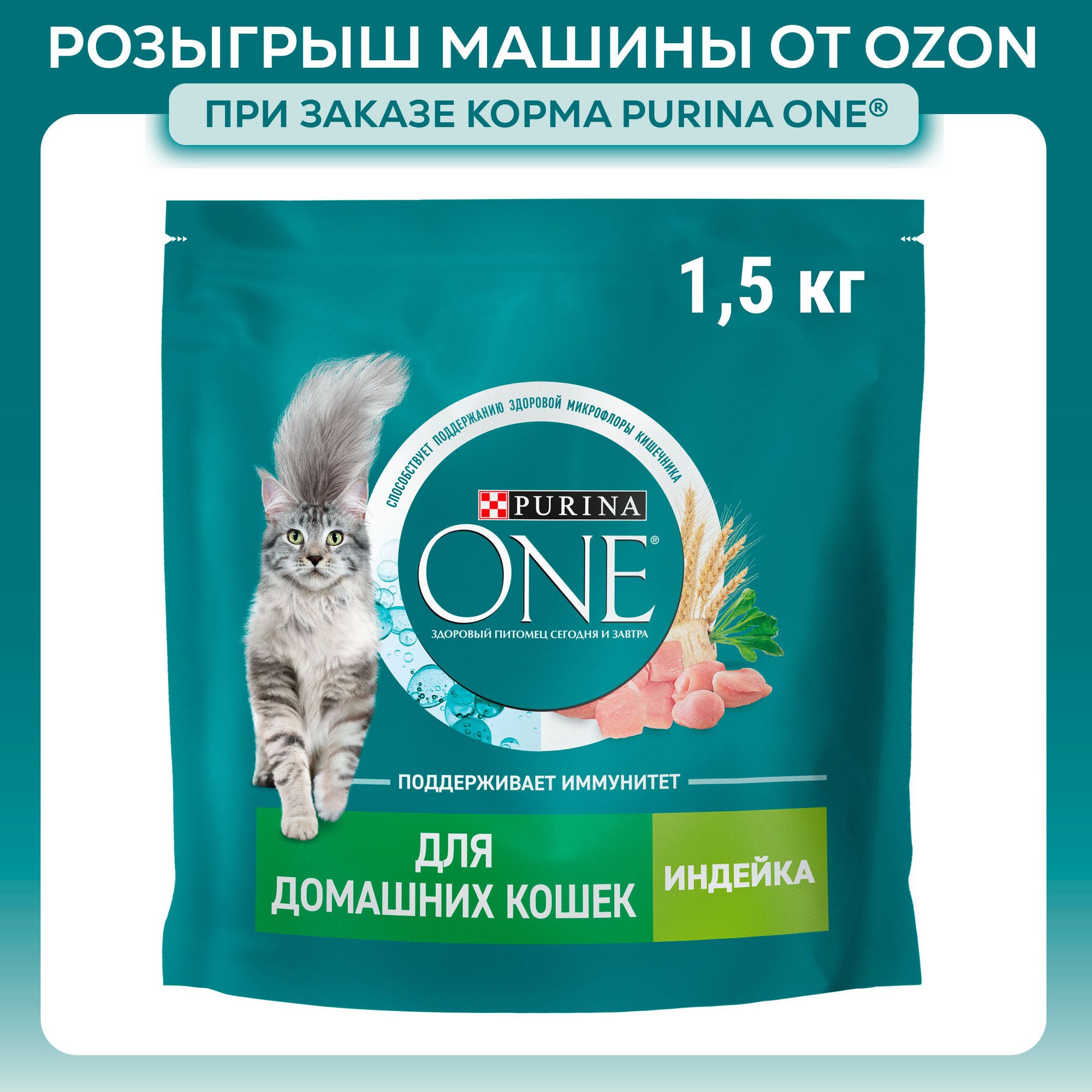 Сухой корм для кошек Purina ONE при домашнем образе жизни, с индейкой и цельными злаками, 1,5 кг