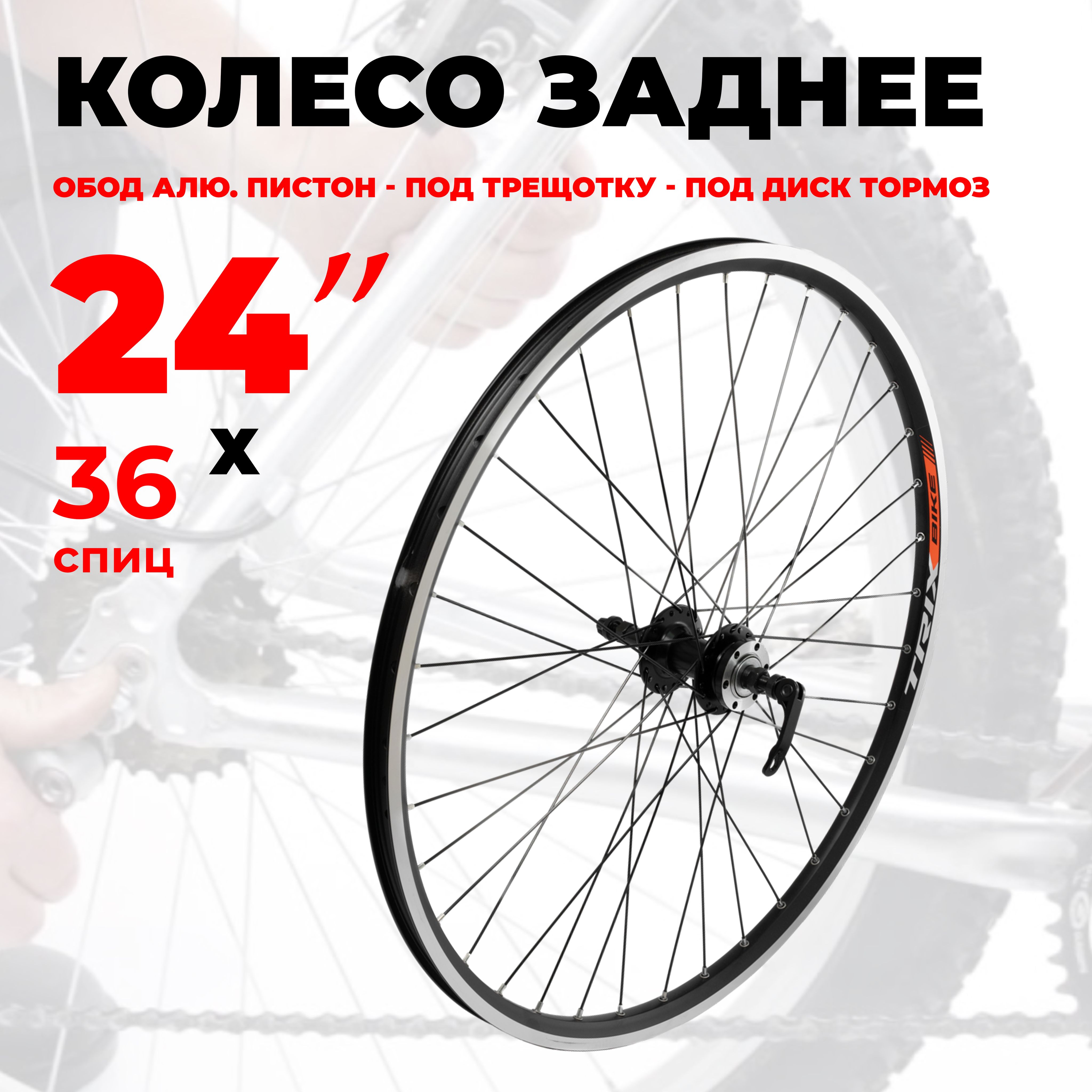 Колесо для велосипеда заднее 24" (D23-24-black-3520) алюминиевый двойной обод и втулка, под диск тормоз, под трещотку, под эксцентрик TRIX