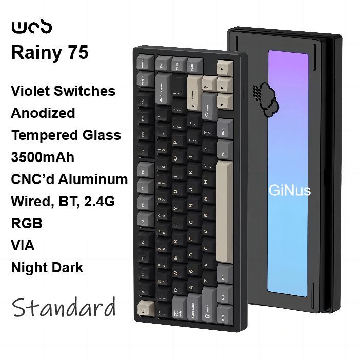 WOBИгроваяклавиатурабеспроводнаяRainy75Standard,NightDark,RGB,VioletSwitches,Anodized,Английскаяраскладка,черный