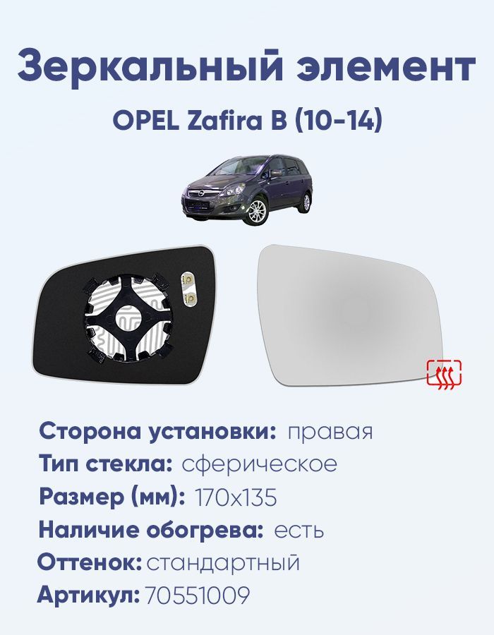 Зеркальный элемент правый OPEL Zafira B (10-14) сфера нейтральный с обогревом