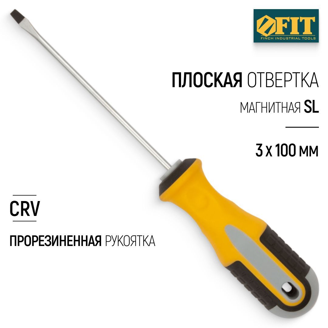 FIT Отвертка 3 х 100 мм плоская SL CrV сталь, магнитный наконечник, прорезиненная ручка