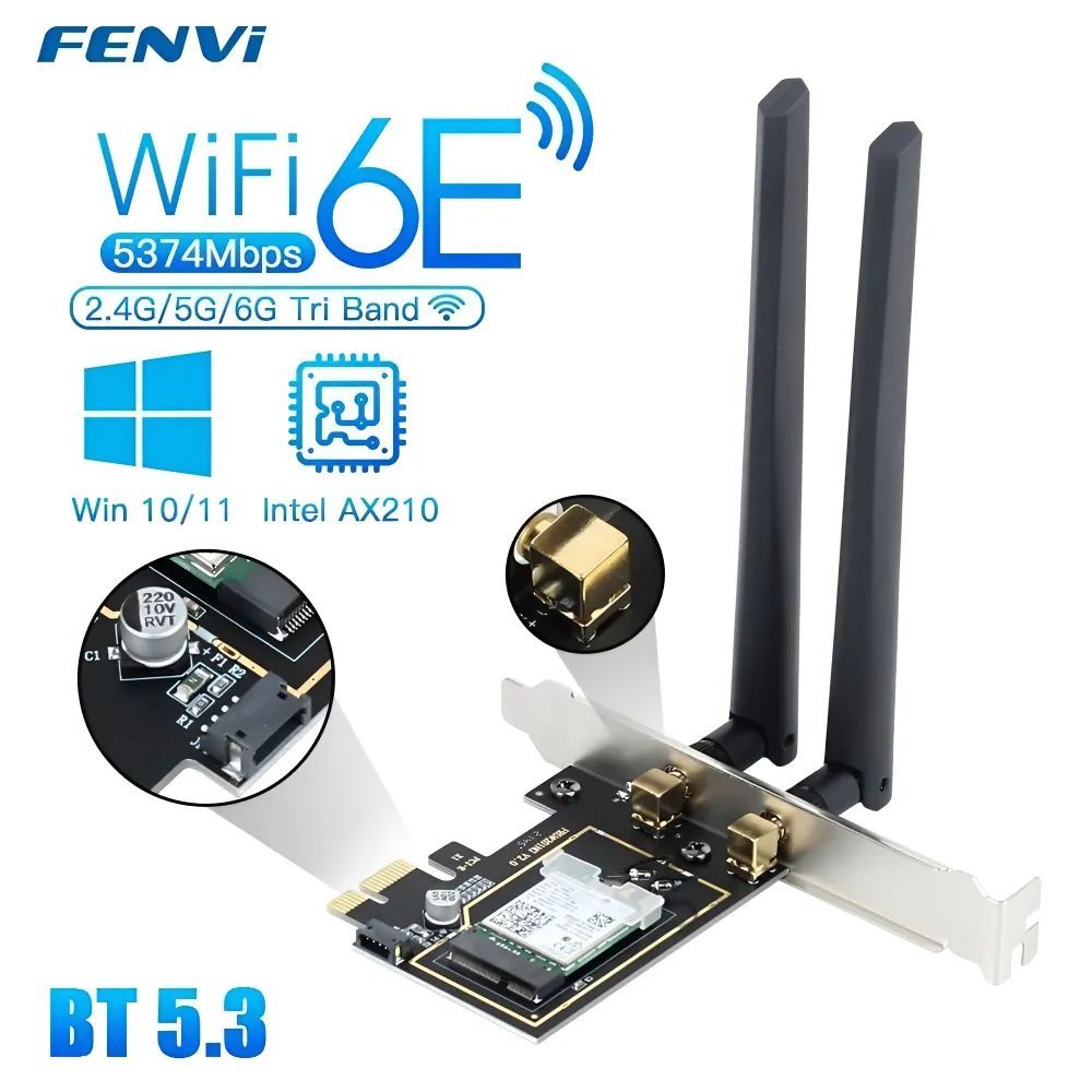 WiFiадаптердлякомпьютера/AX210NGWWi-Fi6E,Bluetooth5.3,PCI-E/2.4ГГц,5ГГц,6ГГц