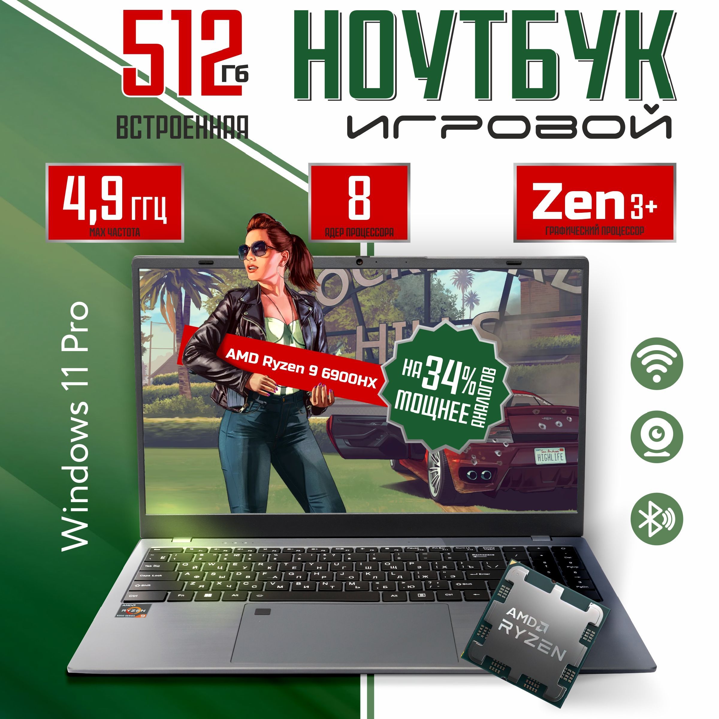 HTEX H21 PRO Игровой ноутбук 15.6", AMD Ryzen 9 6900HX, RAM 16 ГБ, SSD 512 ГБ, AMD Radeon 680M, Windows Pro, серый, Русская раскладка