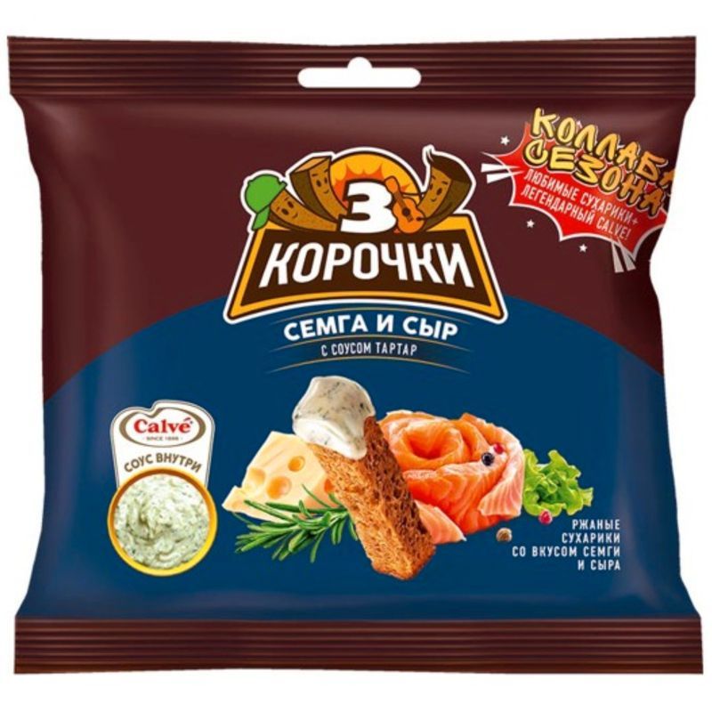 Сухарики Три корочки со вкусом сёмга с сыром, 60г + соус тартар, 25мл