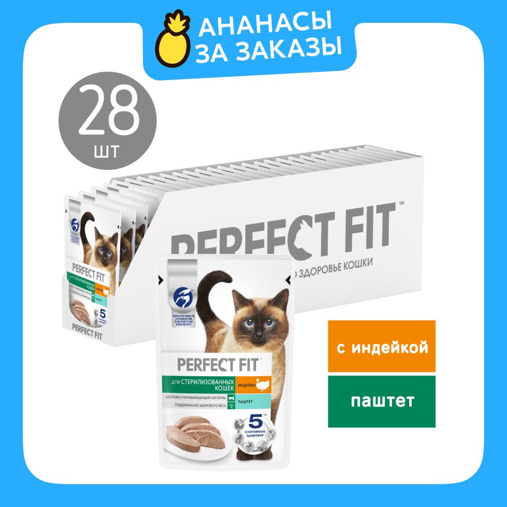 ВлажныйкормPerfectFitдлястерилизованныхкошек,паштетсиндейкой,28штпо75г