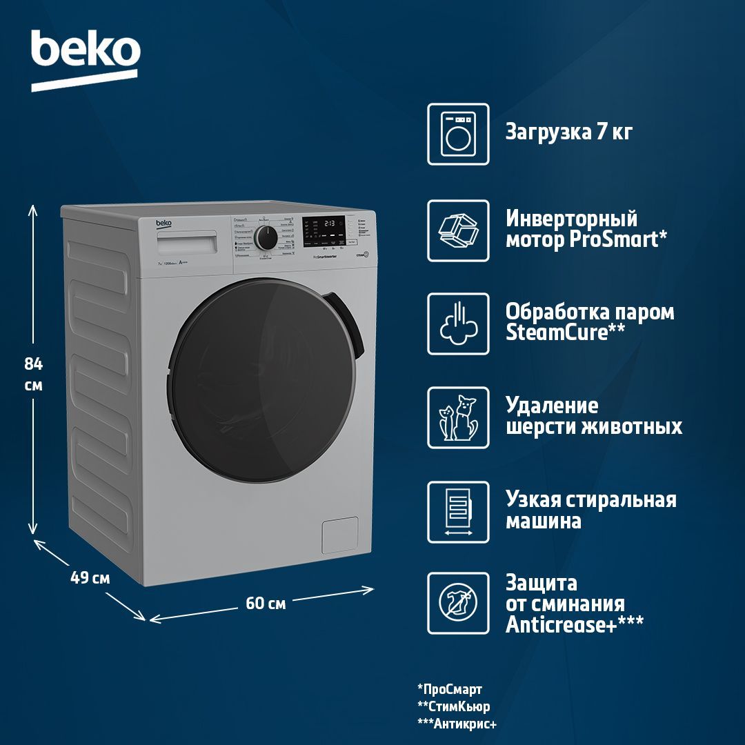 Узкая стиральная машина Beko RSPE78612S, 7 кг, серебристый