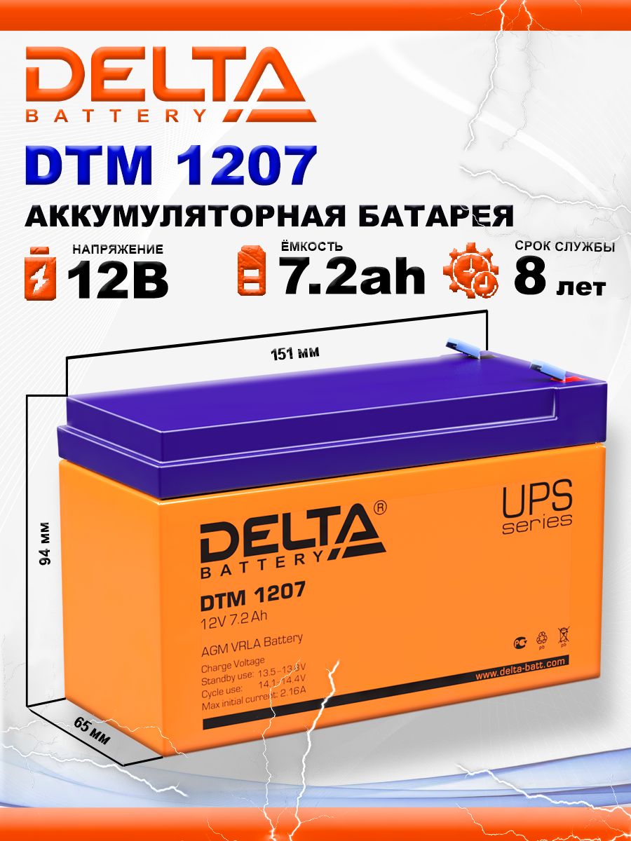 АккумуляторDeltaDTM120712В7.2Ач(12V7.2Ah)дляИБПиUPS,аккумулятордлядетскогоэлектромобиля,мотоцикла,эхолота,фонарика,кассы,освещениясигнализации
