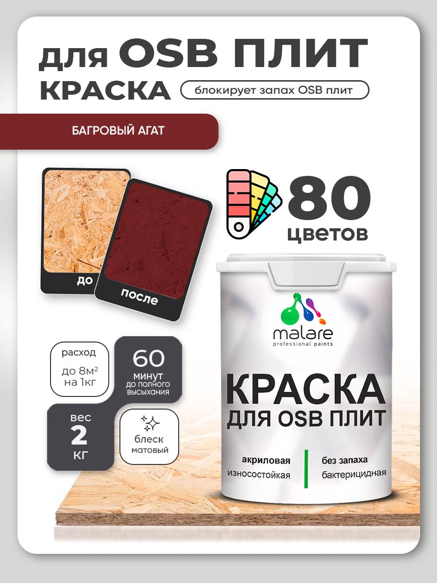 Акриловая краска для ОСБ плит Malare для дерева для наружных и внутренних работ, быстросохнущая без запаха матовая, багровый агат, 2 кг