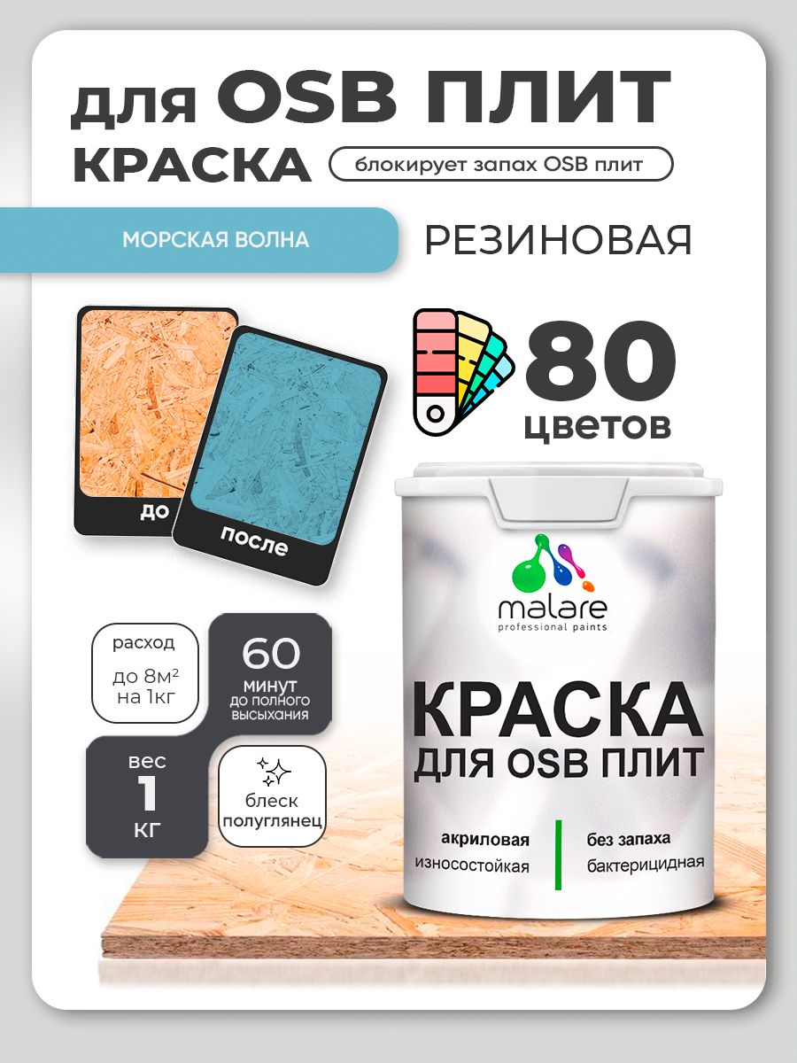 Резиновая краска для ОСБ плит Malare акриловая краска для дерева для наружных и внутренних работ, быстросохнущая без запаха полуглянцевая, морская волна, 1 кг