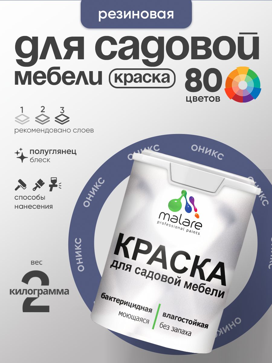 Резиновая краска Malare для садовой мебели/ по дереву, для наружных и внутренних работ/ быстросохнущая моющаяся без запаха полуглянцевая, оникс, 2 кг