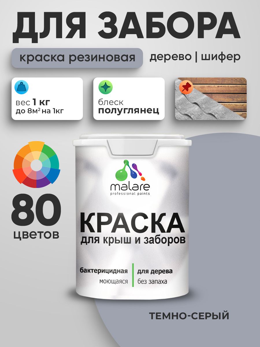 Резиновая краска Malare для деревянного забора/ по дереву для наружных и внутренних работ/ быстросохнущая моющаяся без запаха полуглянцевая, темно-серый, 1 кг.