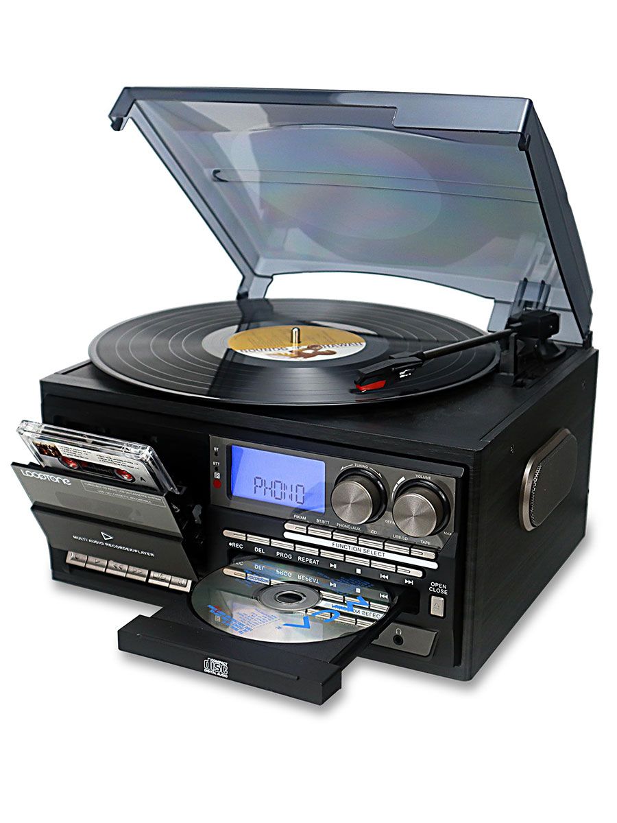 LoopToneВиниловыйпроигрыватель10в13скоростиBluetoothретроCDкассетарадиоAMFMUSBAuxInRCA