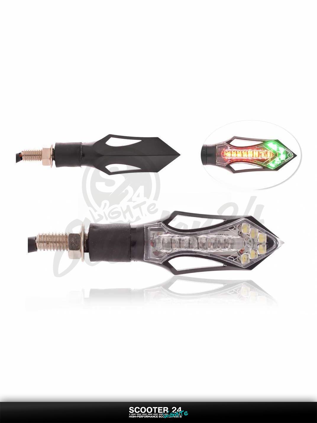 Повороты диодные стреловидные 8 красных + 6 зеленых диодов (3 режима) универсальныйе на мотоцикл / мопед и скутер