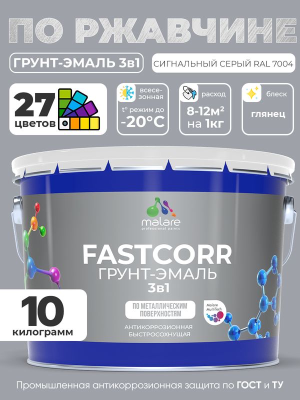 Грунт-эмаль по ржавчине 3 в 1 Malare FastCorr краска для металла, антикоррозионная износостойкая быстросохнущая RAL 7004, сигнальный серый, глянцевая, 10 кг.