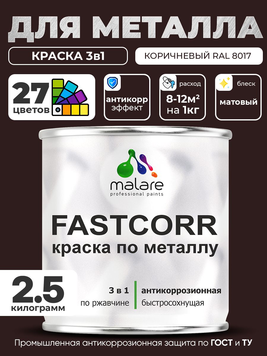 Краска для металла по ржавчине Malare FastCorr, для наружных работ износостойкая, быстросохнущая RAL 8017 коричневый, матовая, 2,5 кг