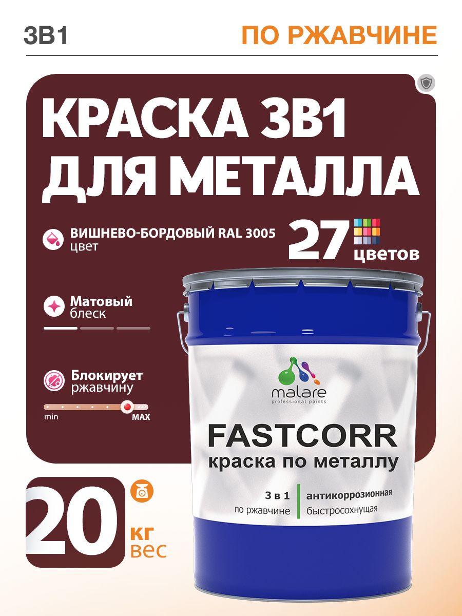 Краска для металла по ржавчине Malare FastCorr, для наружных работ износостойкая, быстросохнущая RAL 3005 вишнево-бордовый, матовая, 20 кг