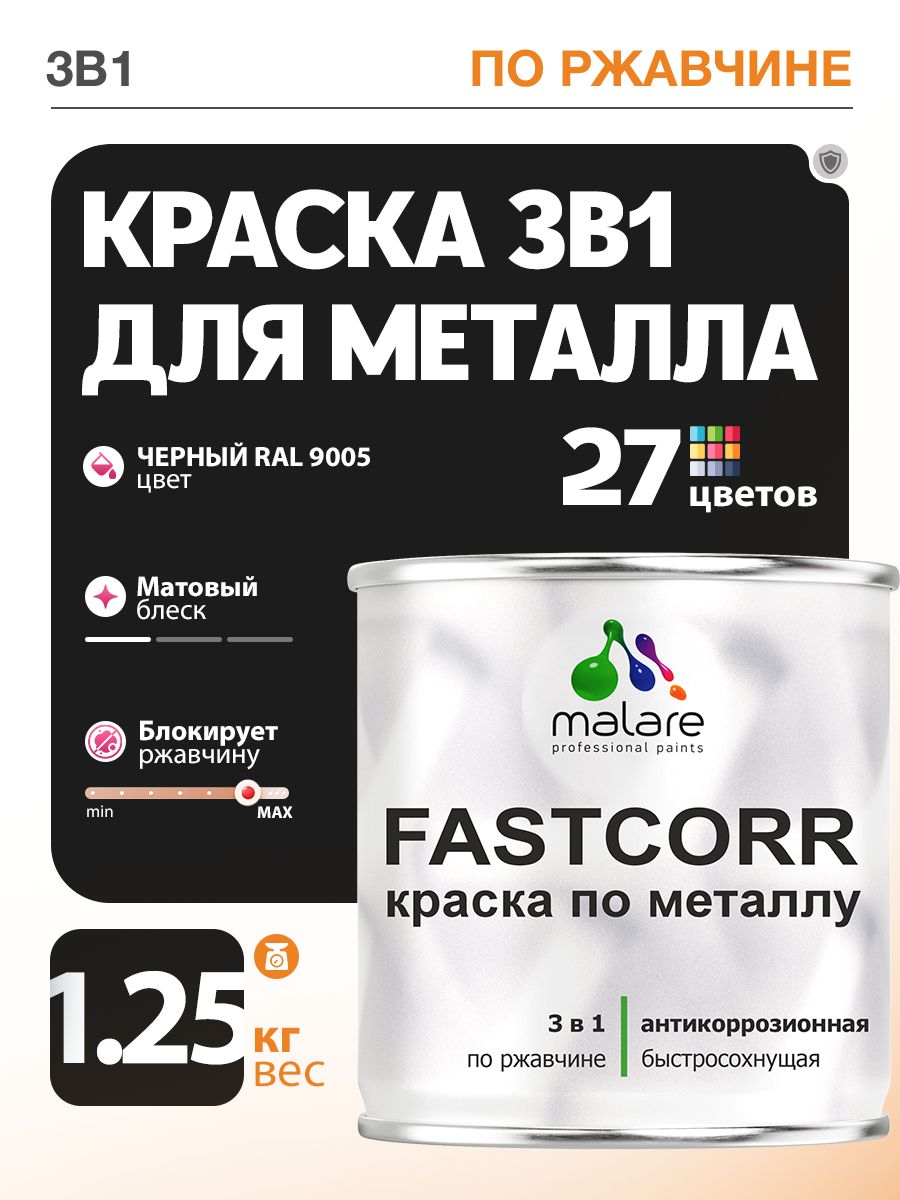 Краска для металла по ржавчине Malare FastCorr, для наружных работ износостойкая, быстросохнущая RAL 9005 черный, матовая, 1,25 кг