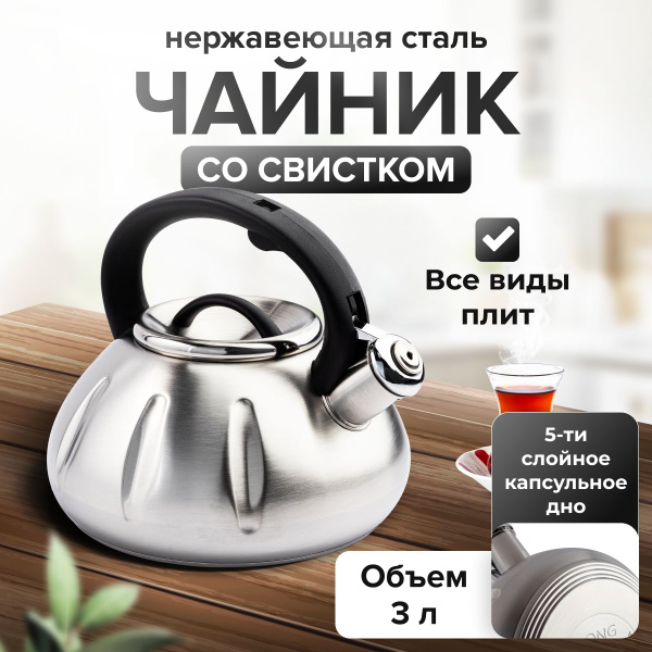 Чайник со свистком нержавеющая сталь 3л., для всех видов плит - купить ...