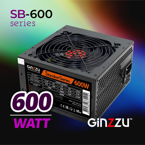 Блок питания Ginzzu SB600 ATX, 12cm fan, 20+4pin CPU (4+4), 4*SATA, 3 ...