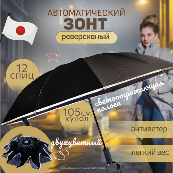 Умный зонт Umbrella, Полный автомат, 3 сложения, темно-синий, черный ...