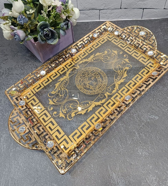 Поднос для сервировки стола Versace. Поднос стеклянный с ручкой ...