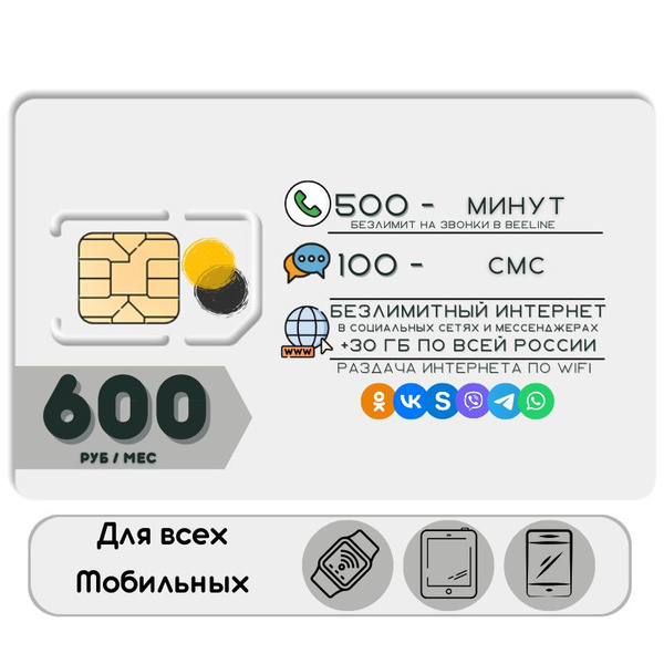 SIM-карта Комплект Сим карта Безлимитный интернет в социальных сетях и ...